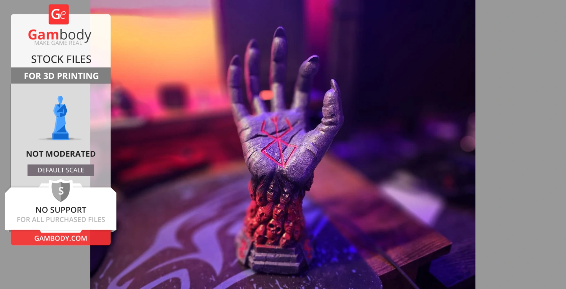 A detailed model of an outstretched hand with a red symbol, on a base of sculpted faces, designed for 3D printing.