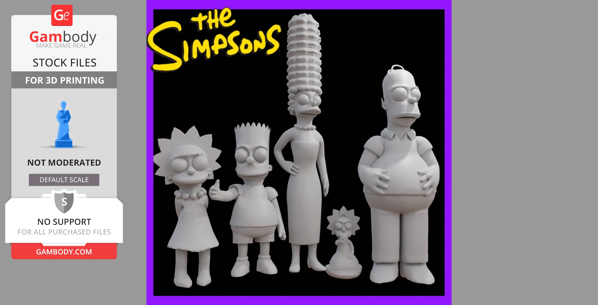 3D-printed models of five cartoon family characters, standing in a row.