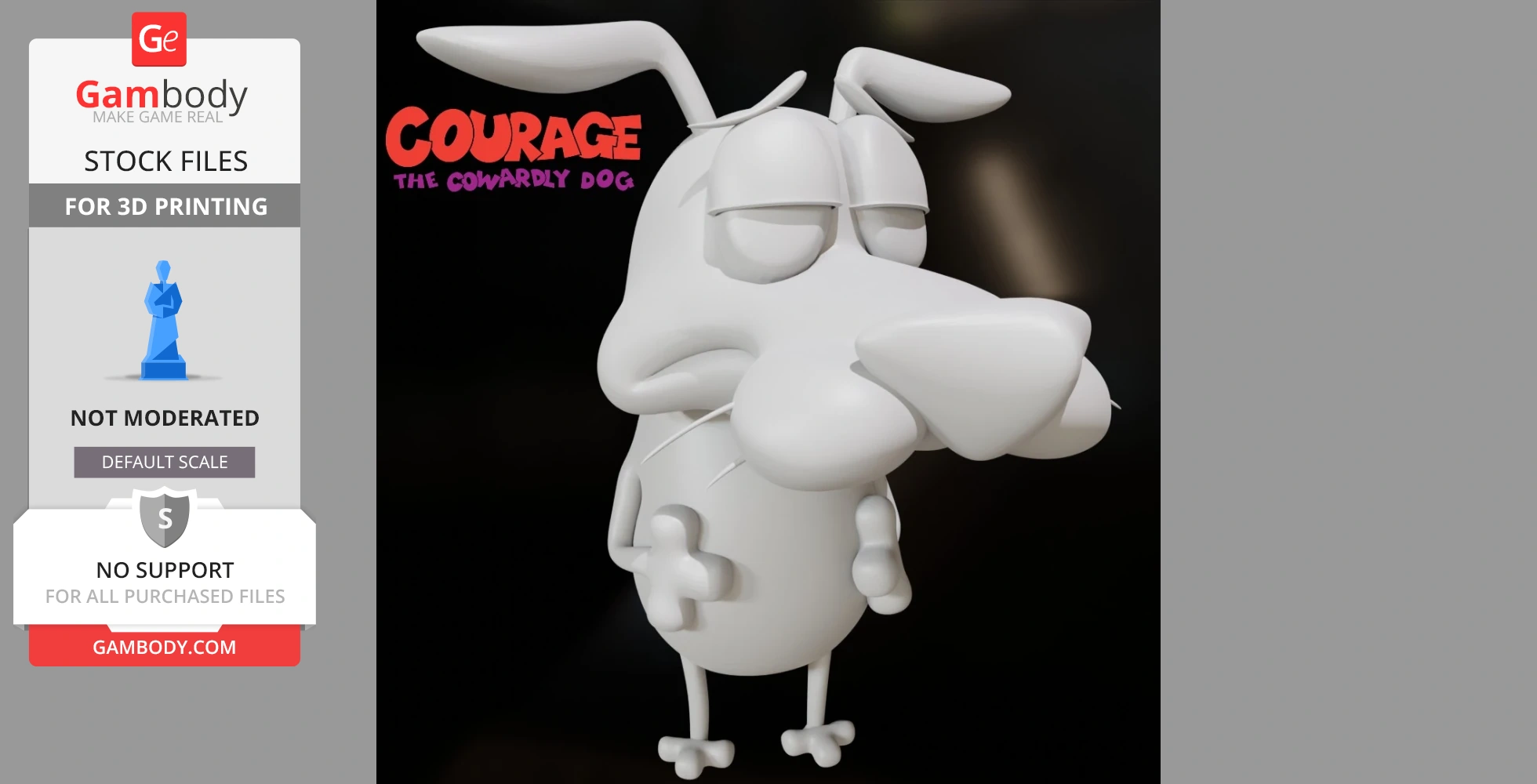 A 3D model of a cartoonish dog with droopy eyes and ears, looking timid, intended for 3D printing.