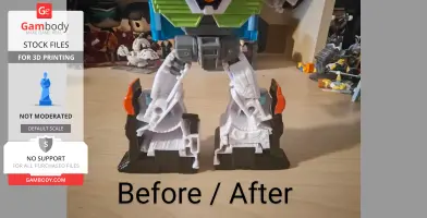 A robot figure's legs with and without 3D-printed gap fillers. Text reads 'Before / After'.