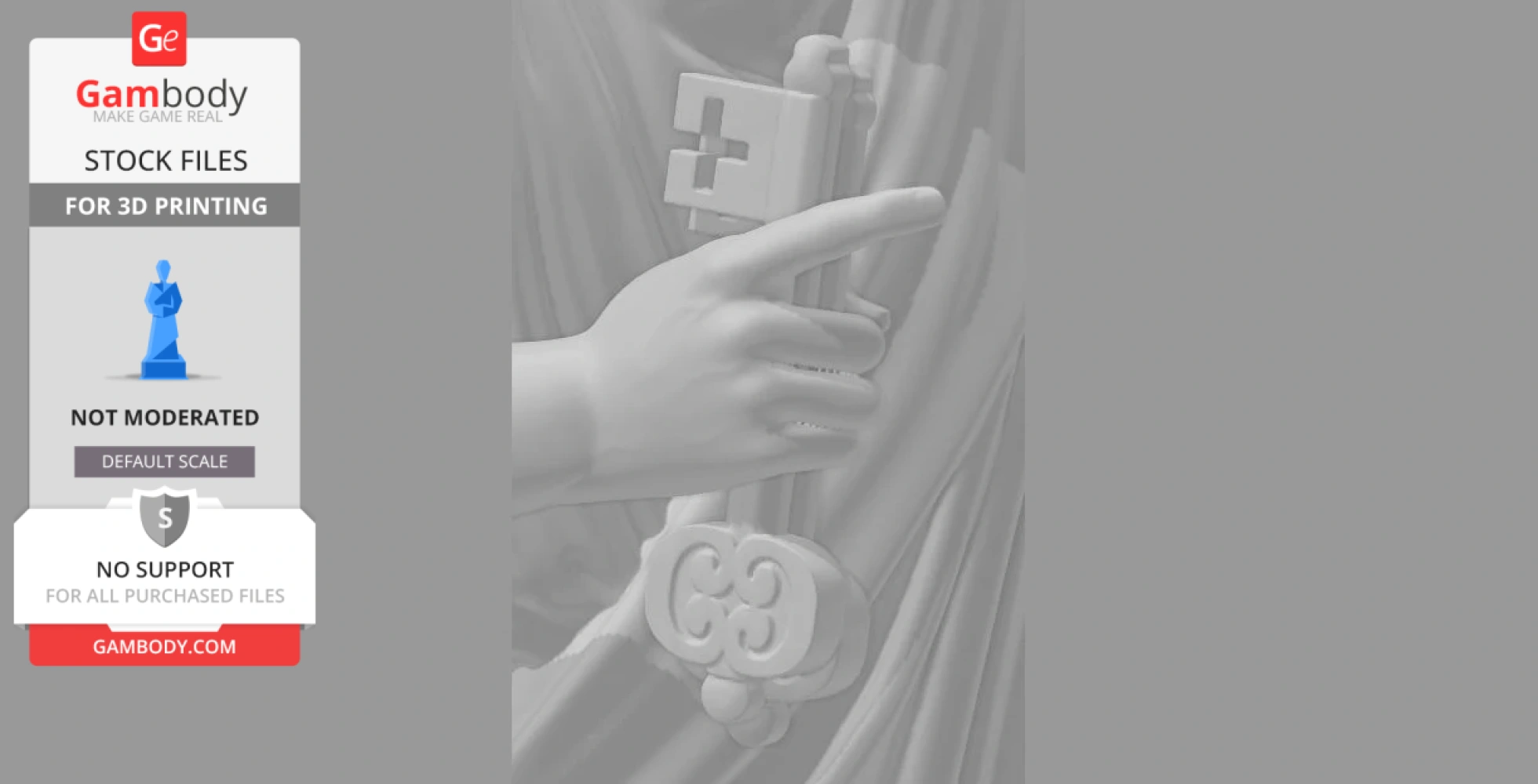 A hand holding ornate keys, part of a draped statue.