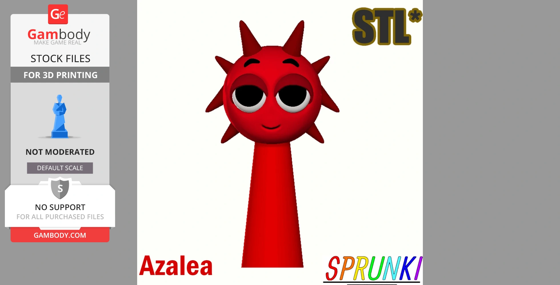 A red character with spiky hair, large eyes, and a small smile on a tall, narrow body. 3D printing model.