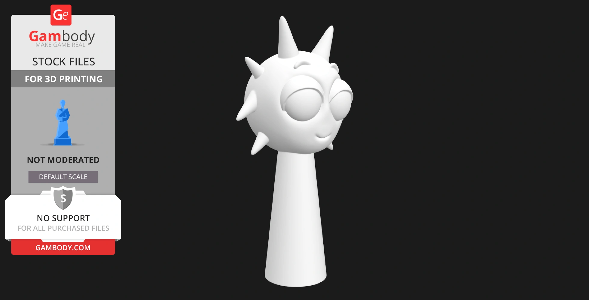 A spiky-headed character with closed eyes and a cone-shaped body, designed for 3D printing.