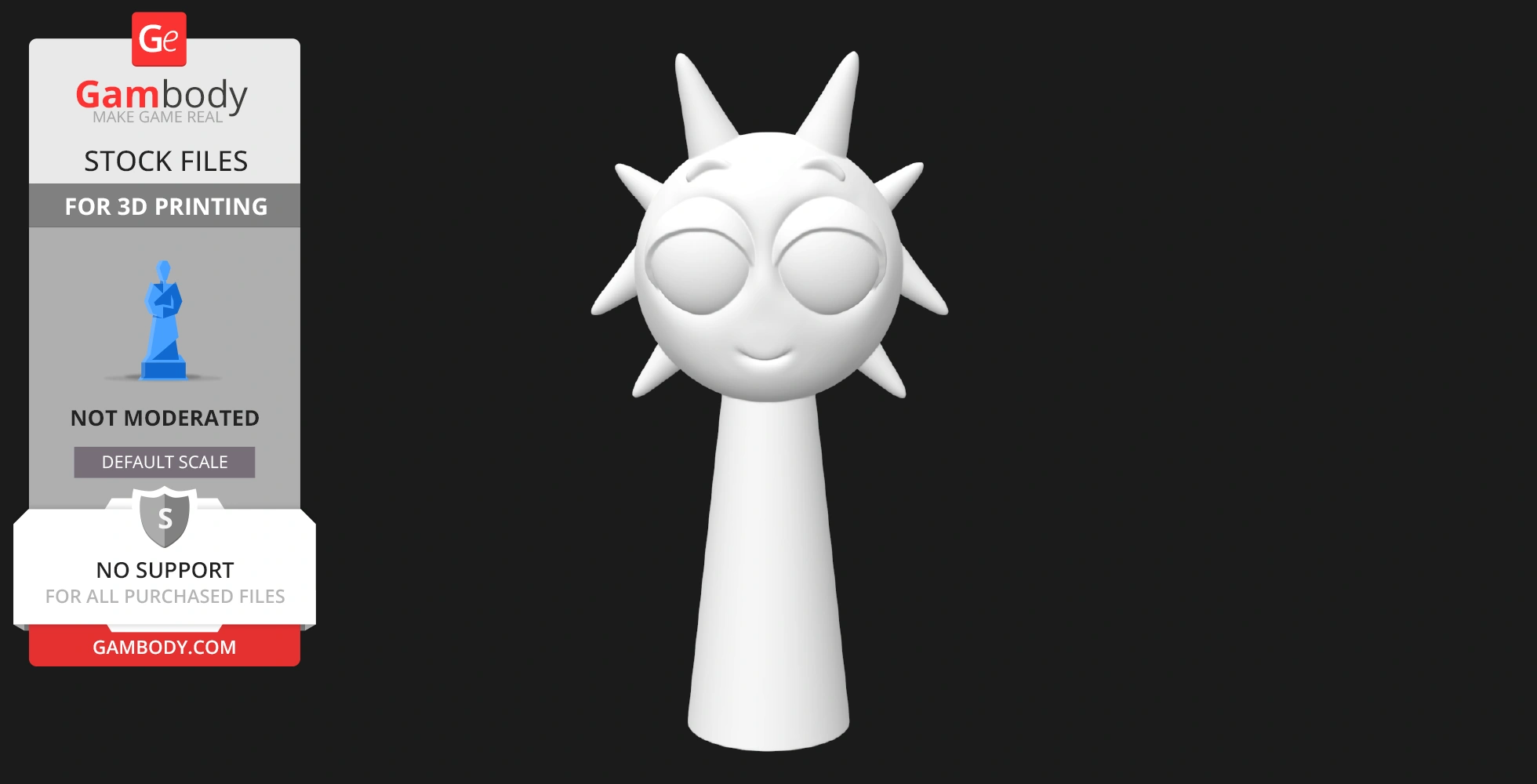 Stylized 3D character with a round head, spiky hair, and closed eyes on a cone-shaped body.
