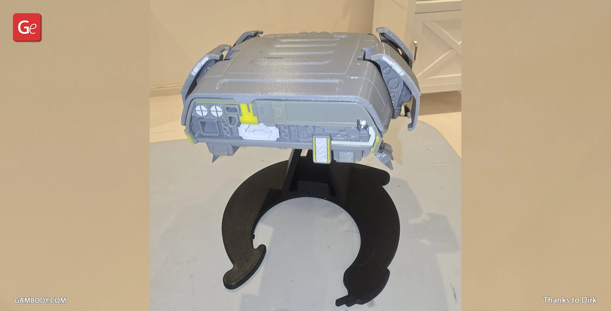 A detailed 3D-printed Class D Crew Escape Module model on a black stand.