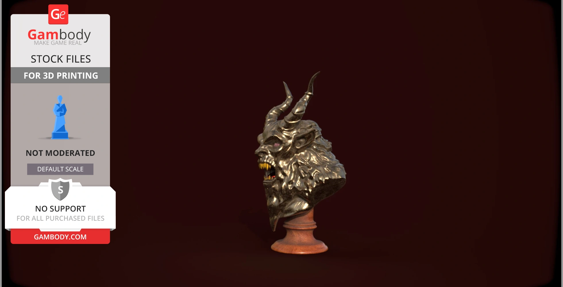 Bust of Krampus with horns and sharp teeth, set on a pedestal, designed for 3D printing.