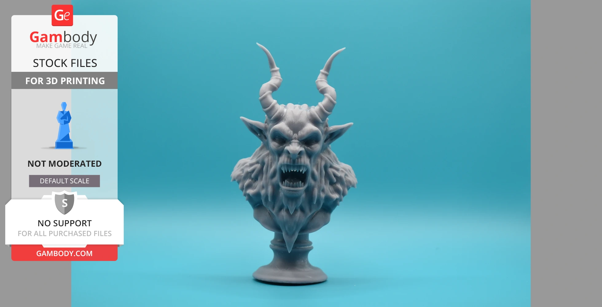 A detailed Krampus bust with horns and an open mouth, designed for 3D printing.