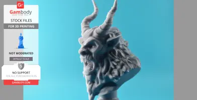 A detailed Krampus bust 3D model with horns and an open mouth, set against a blue background.