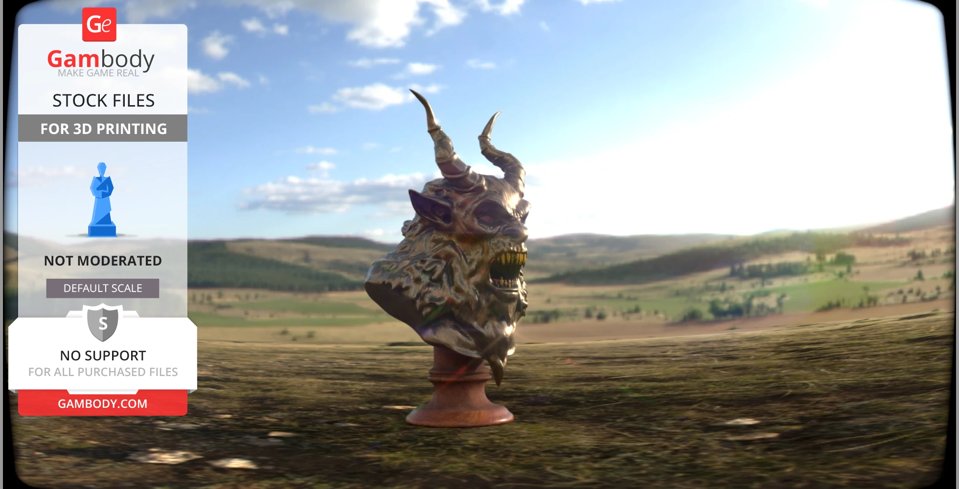 A detailed bust of Krampus with horns and fierce expression, set against a pastoral background.
