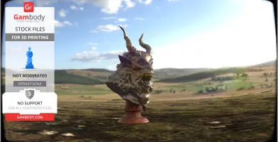A detailed bust of Krampus with horns and fierce expression, set against a pastoral background.