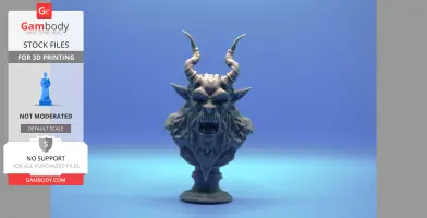 A detailed 3D bust of Krampus with prominent horns and an open mouth, set against a blue background.