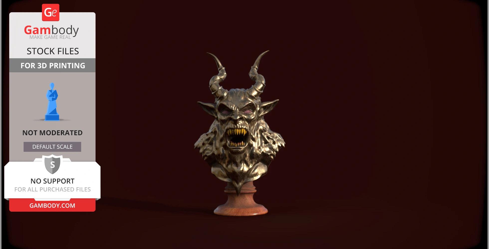 A detailed Krampus bust with horns and fangs on a pedestal, designed for 3D printing.