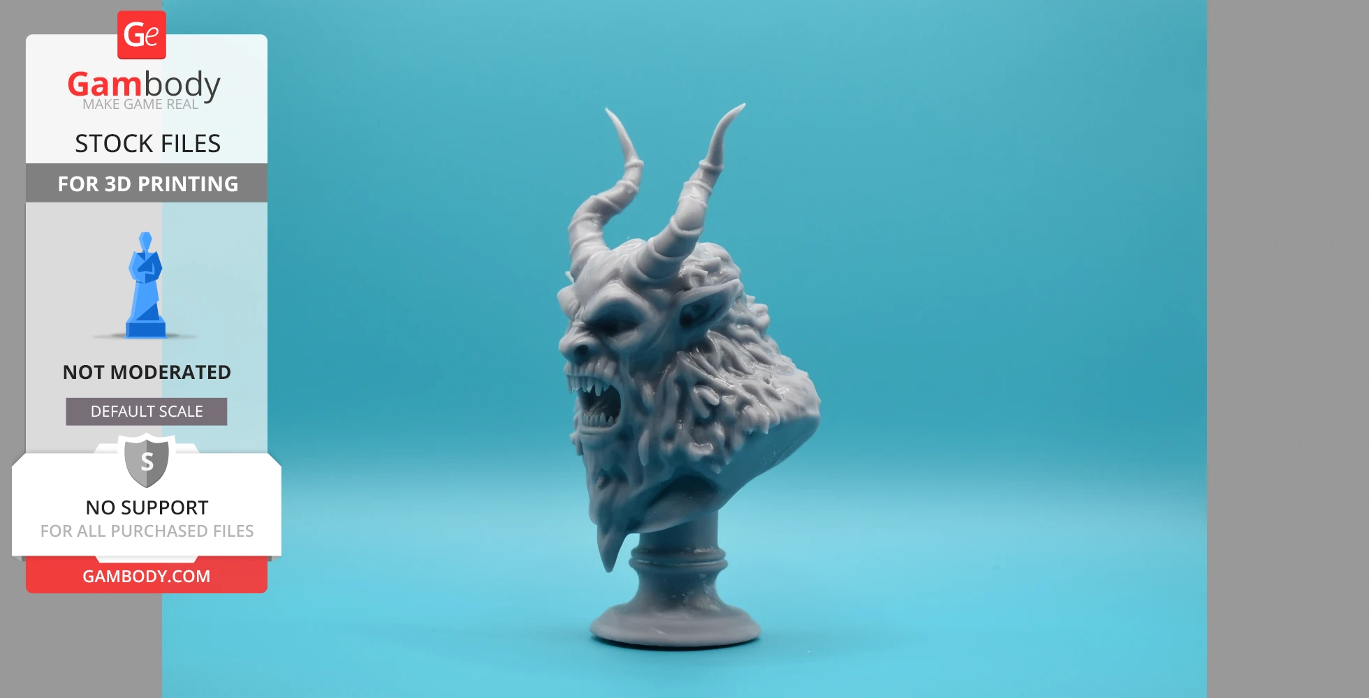 3D printed bust of Krampus with horns and an open mouth, set against a blue background.