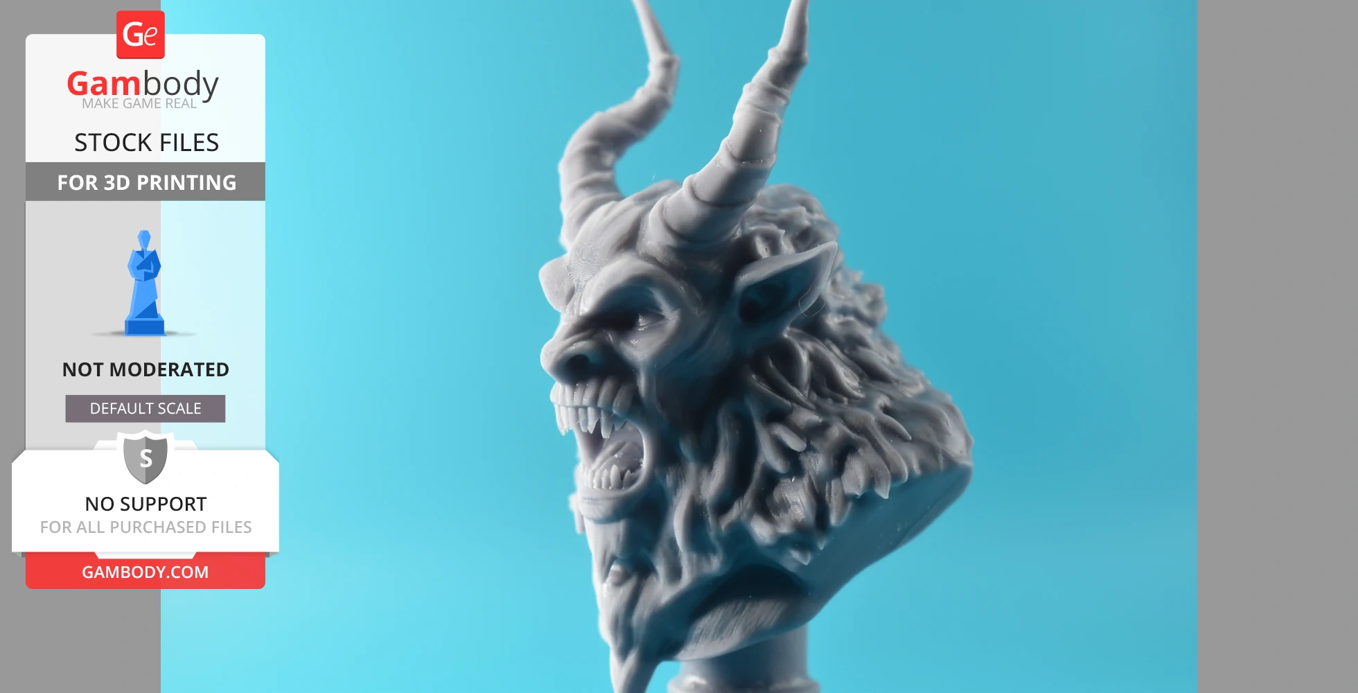 A detailed Krampus bust 3D model with horns and an open mouth, set against a blue background.