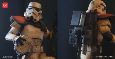 A detailed 3D-printed Sandtrooper with textured armor and a backpack from 'Star Wars.'