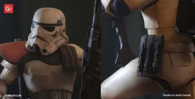 Detailed Sandtrooper figure holding a blaster, with scuffed white armor and tactical straps.