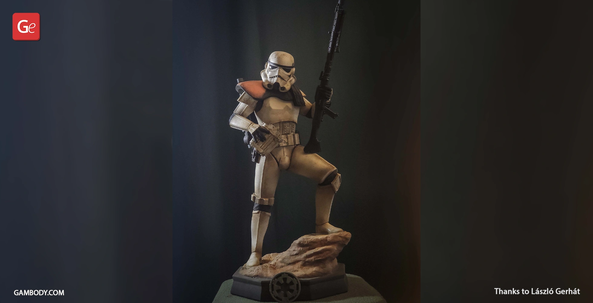 A Sandtrooper in armor, holding a blaster, stands on a rock with one foot elevated.