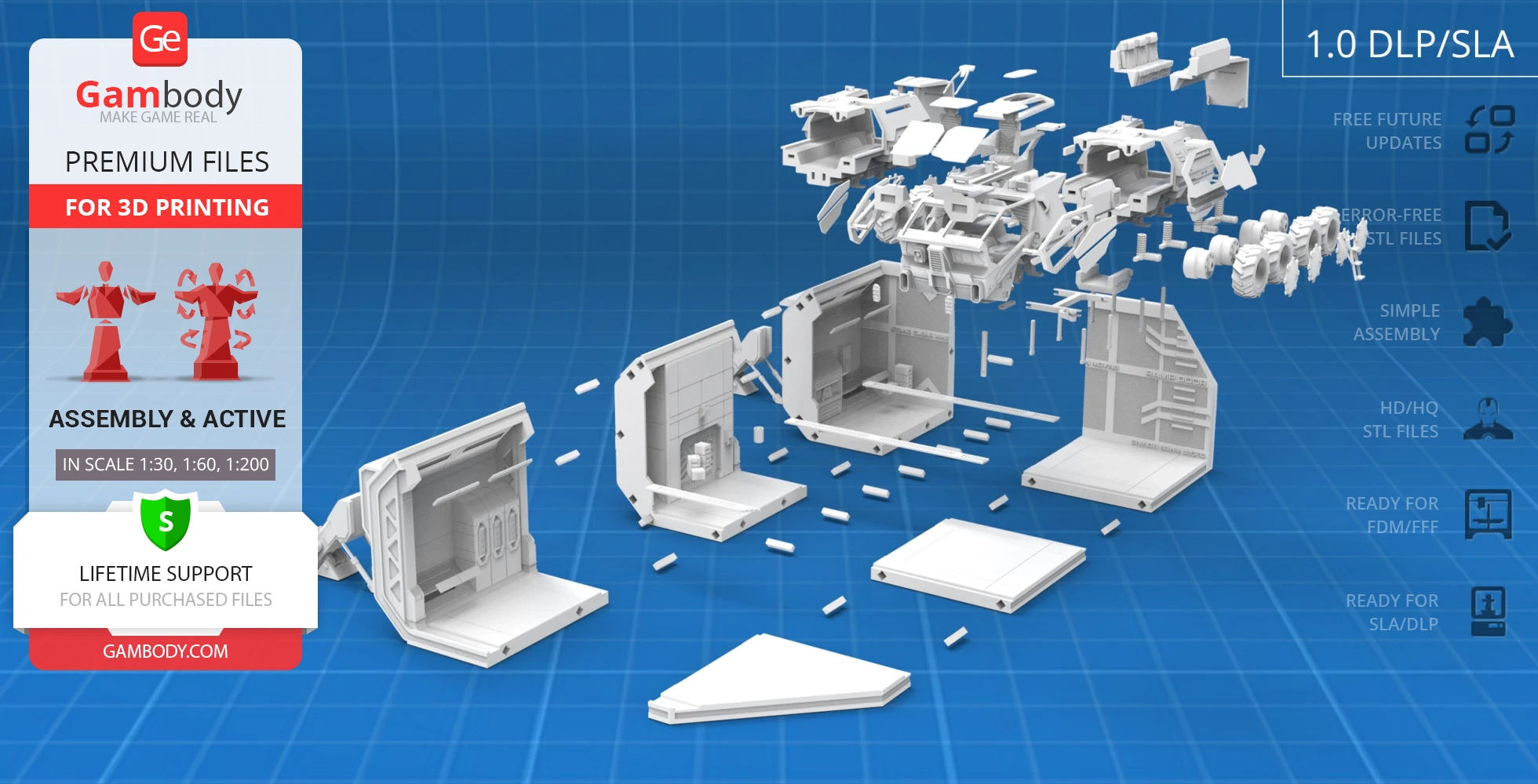 Exploded view of RT01 Transport 3D model parts on a blue grid background.