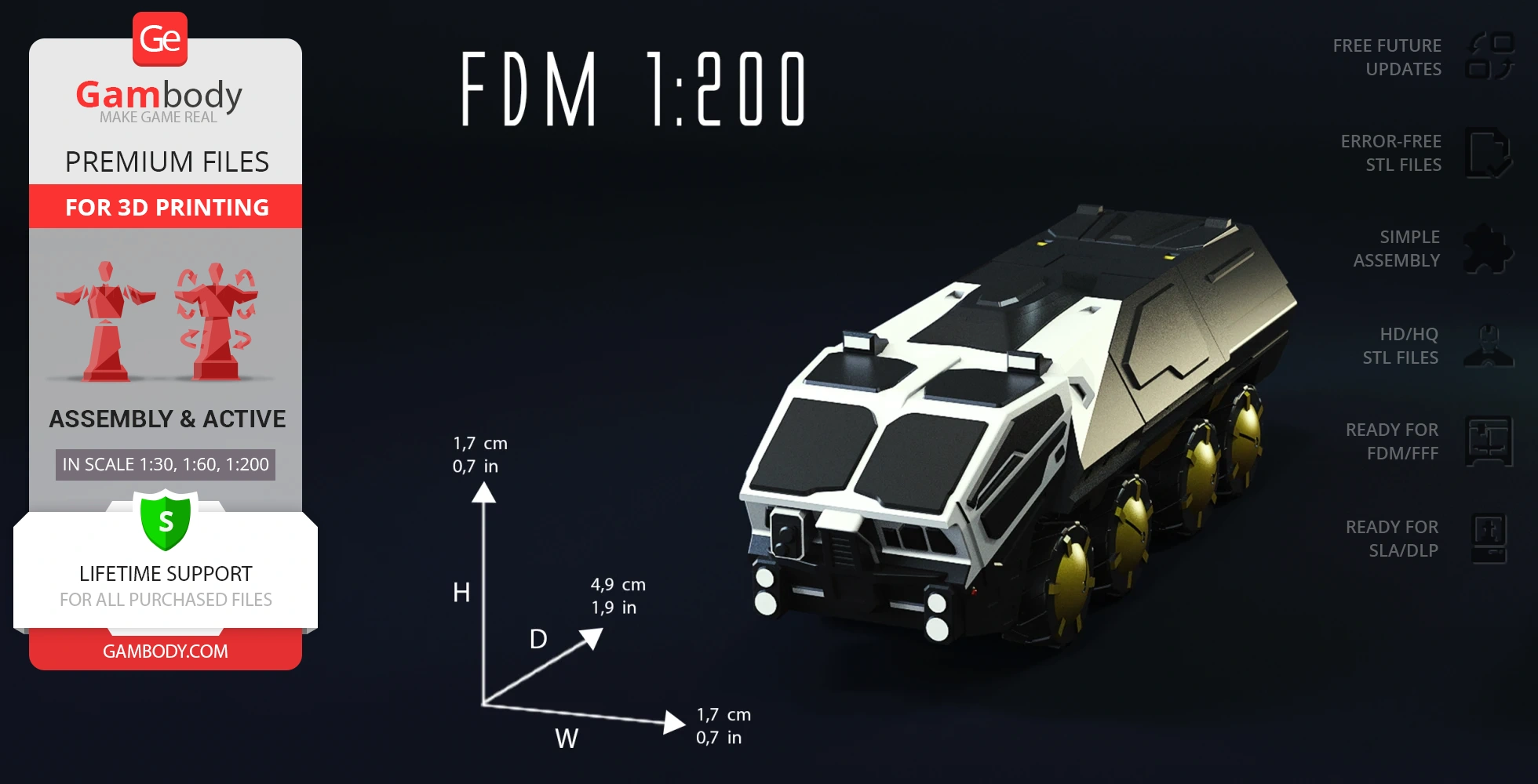 A 3D model of a futuristic transport vehicle for 3D printing, with scalable assembly options.