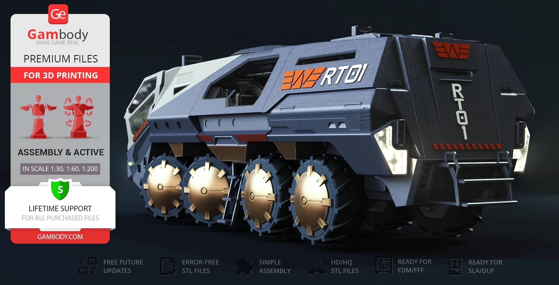 RT01 futuristic armored vehicle model for 3D printing with detailed wheels and assembly options.