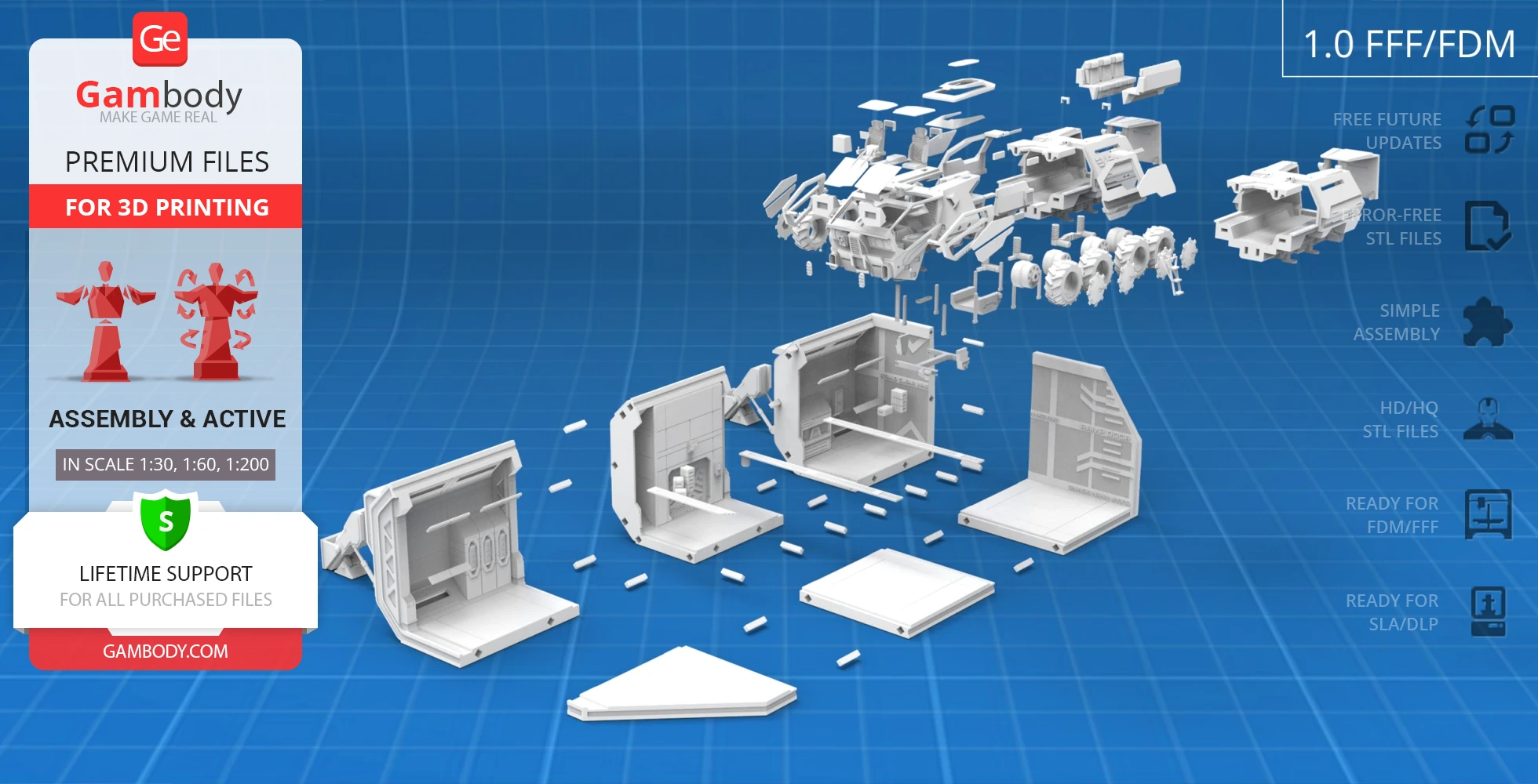 RT01 Transport 3D model assembly guide, showcasing printable parts on a blue grid background from Gambody.