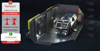 Futuristic vehicle in a detailed sci-fi garage diorama for 3D printing.