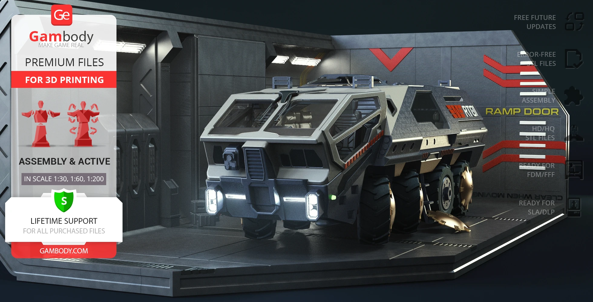 Futuristic armored vehicle 3D model for printing, displayed in a sci-fi hangar environment.