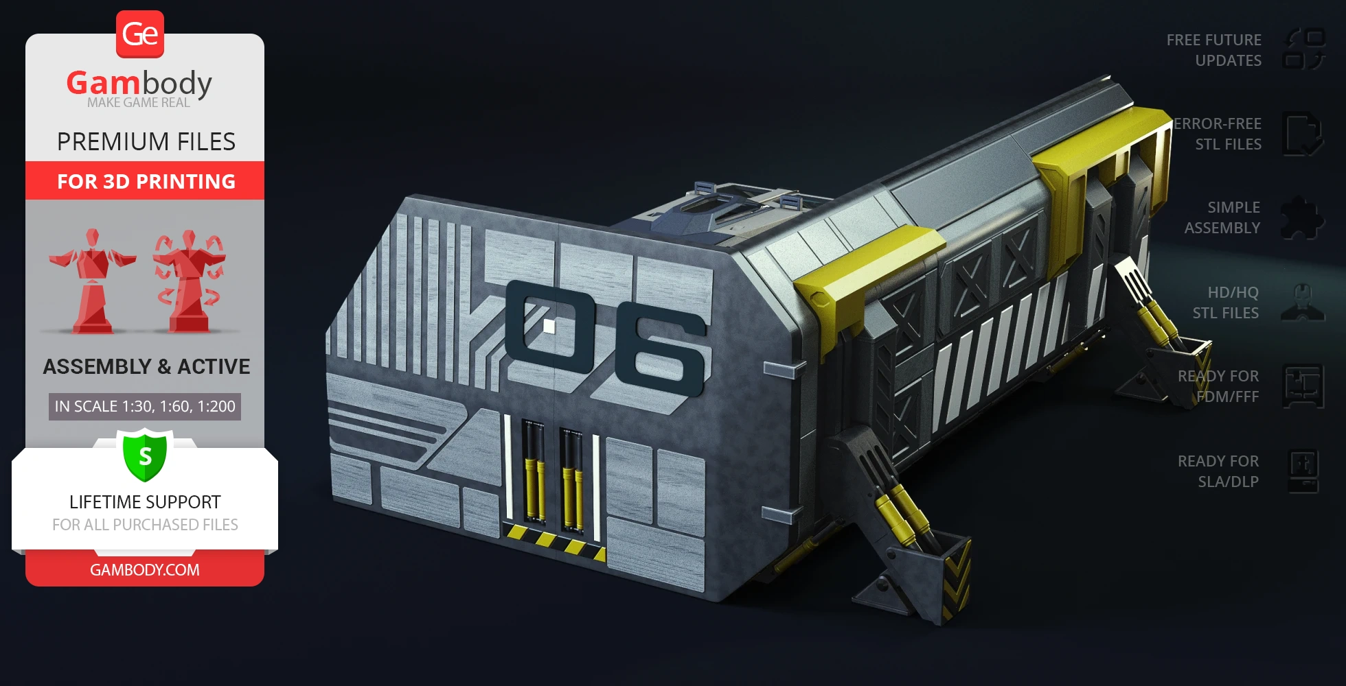 Futuristic transport module labeled "06," with mechanical details and bold patterns for 3D printing.