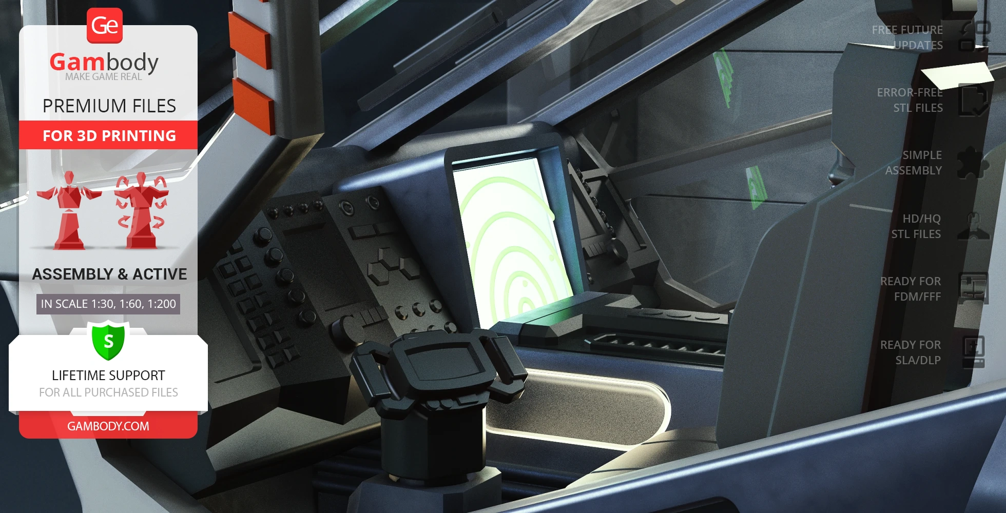 Futuristic vehicle cockpit with a control panel and digital display, designed for 3D printing.