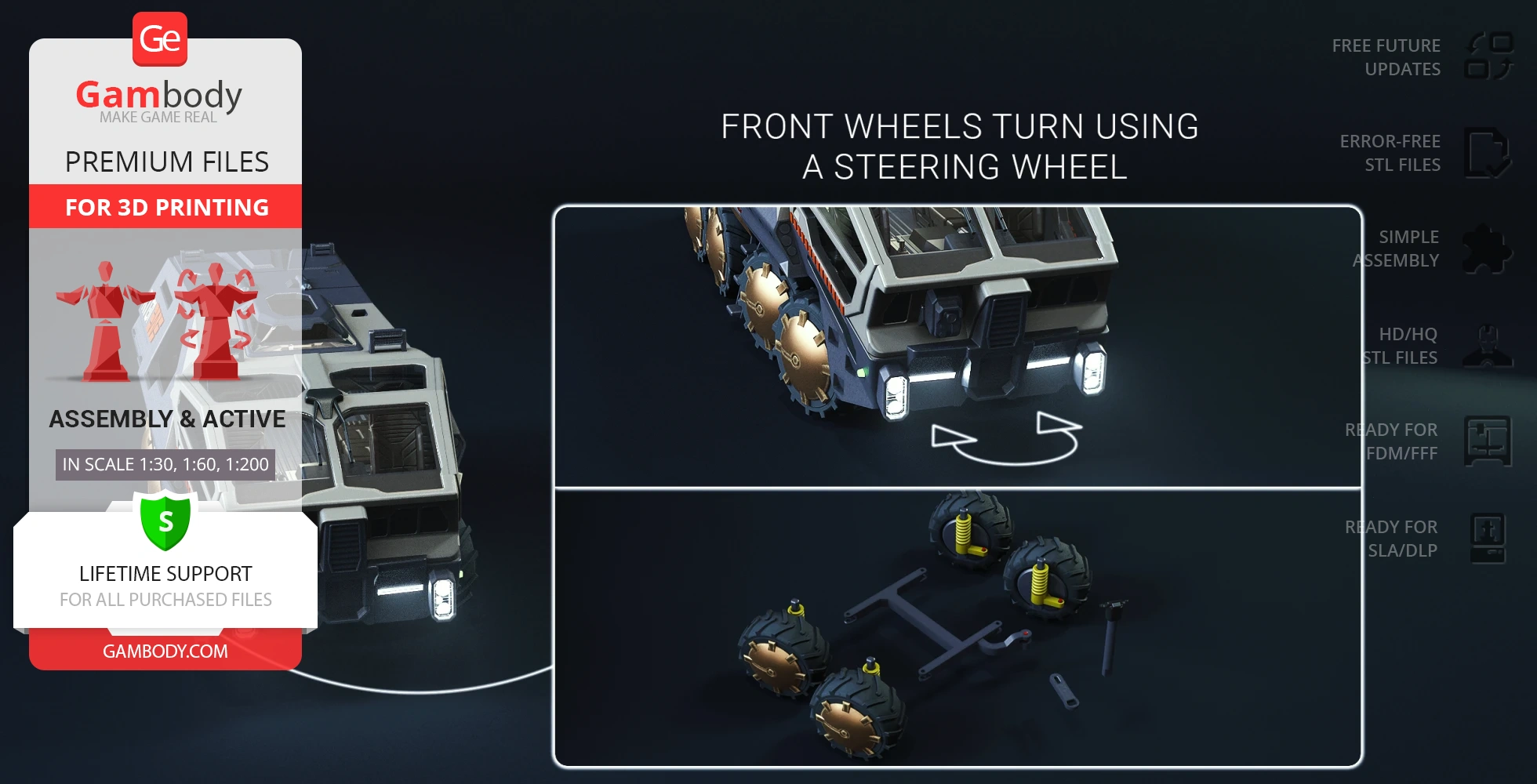A 3D model of a transport vehicle with turning front wheels and separate wheel assembly parts.
