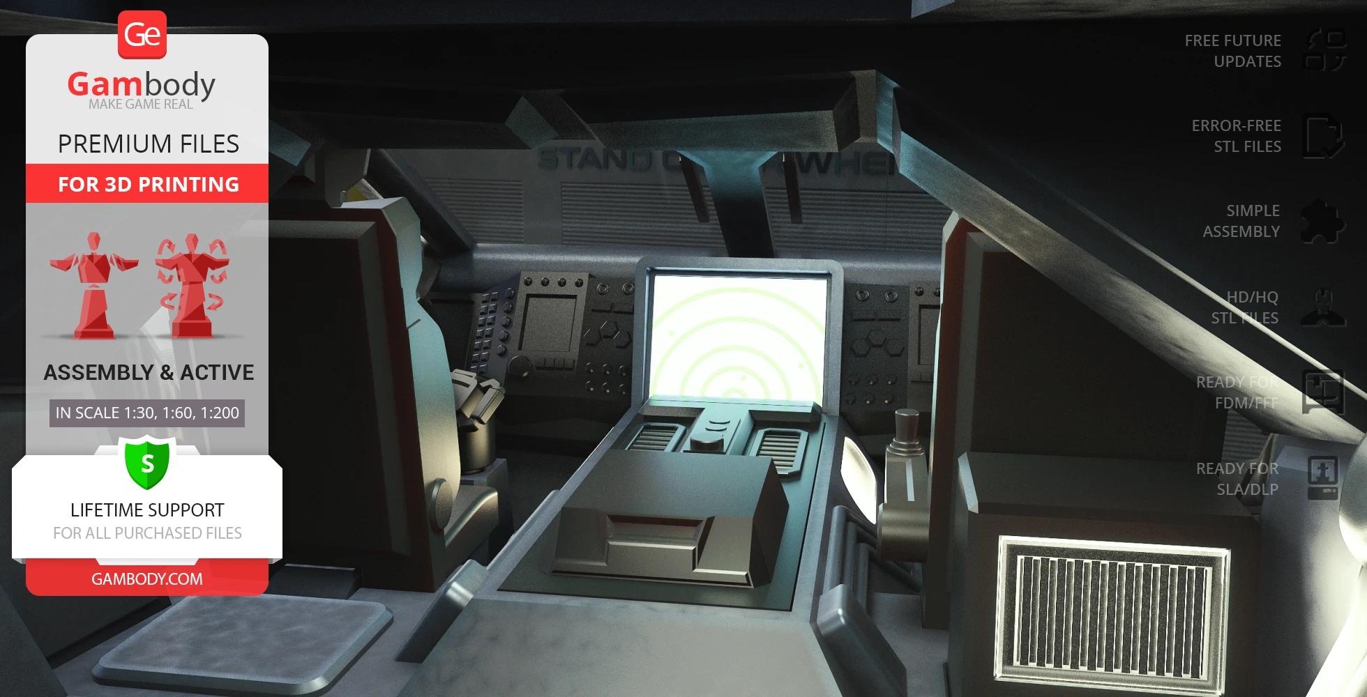 A detailed futuristic vehicle cockpit with screens and controls, featuring Gambody branding for 3D printing files.