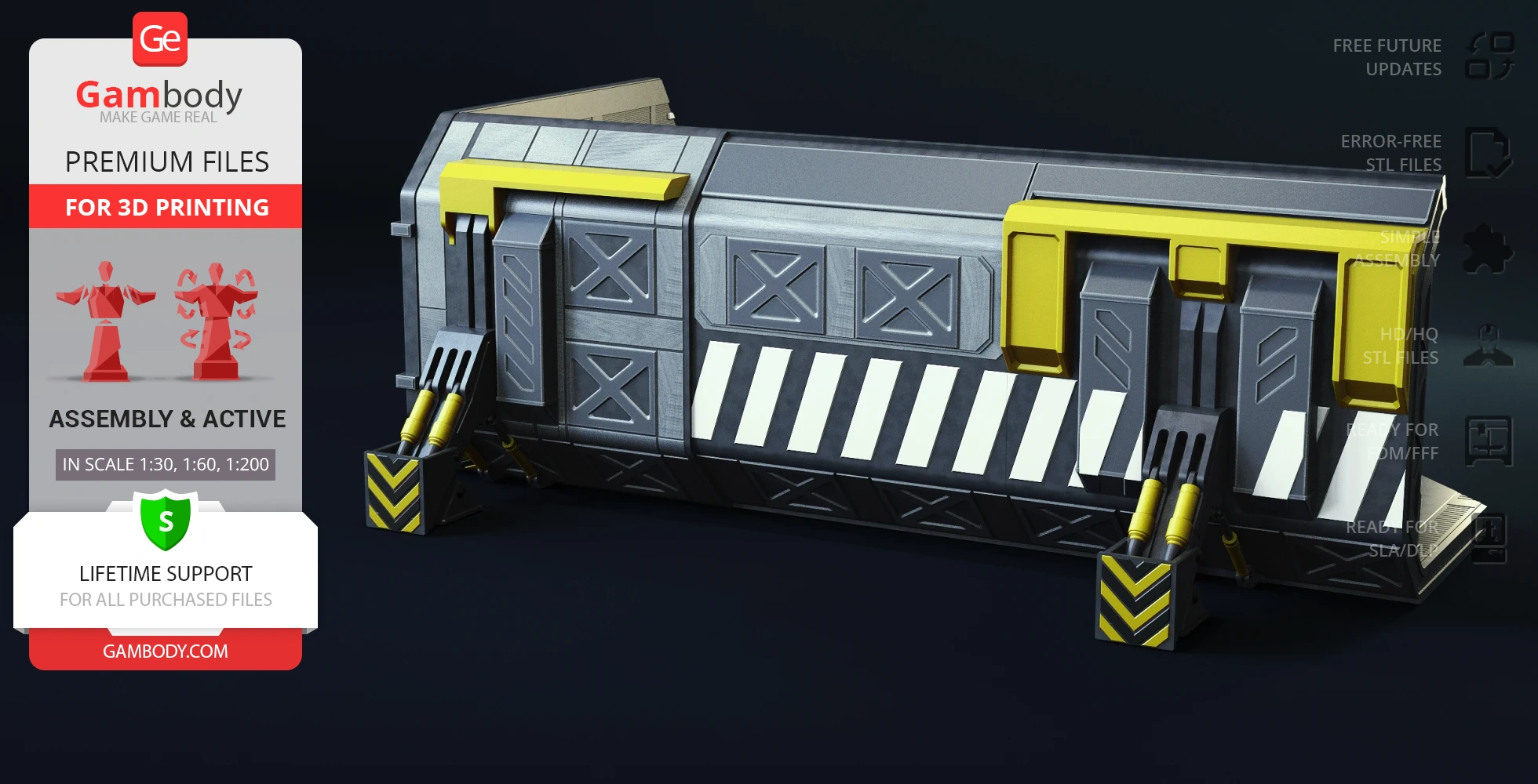 A futuristic, industrial container with yellow accents and geometric patterns, designed for 3D printing.