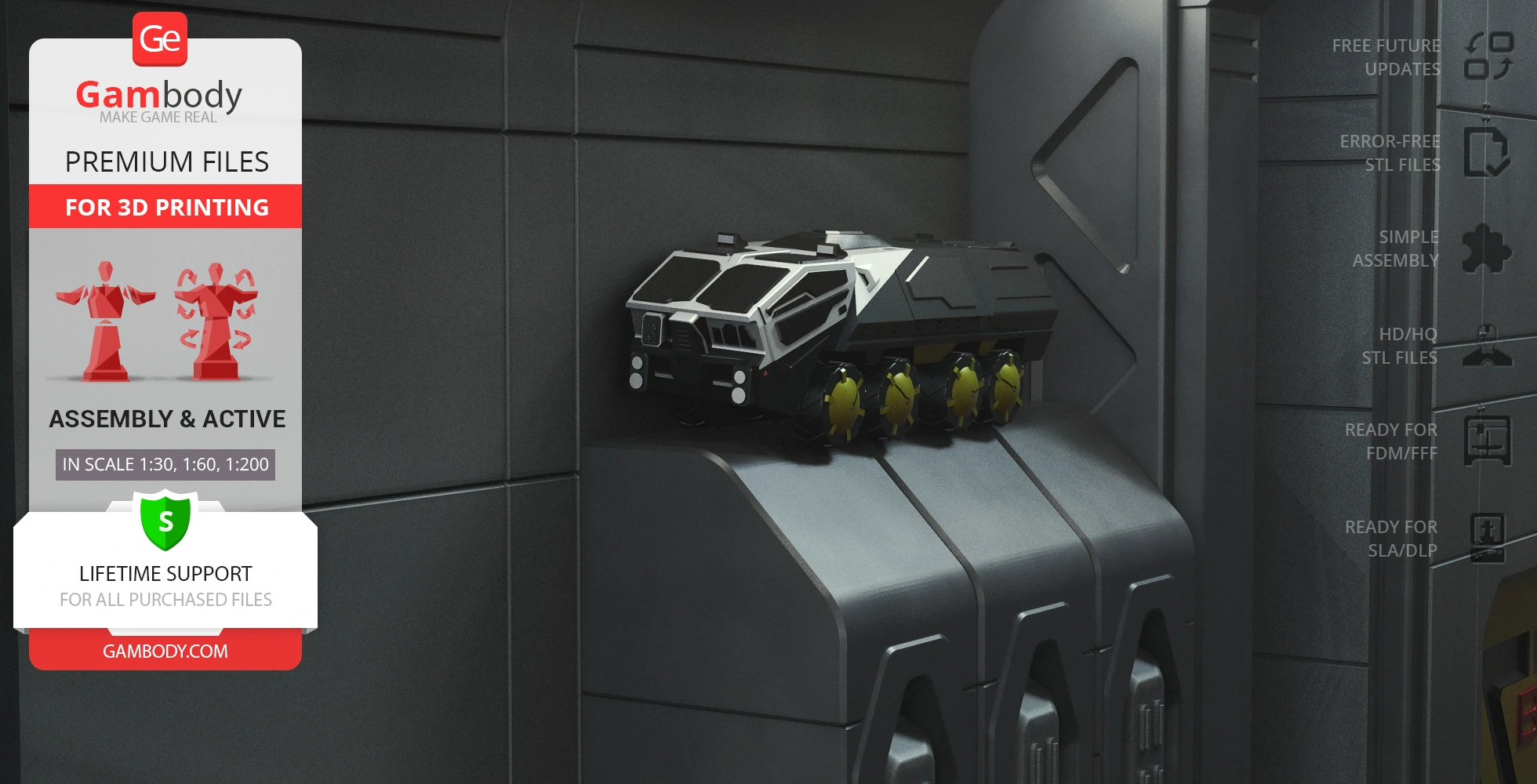 Futuristic armored transport vehicle with six wheels, designed for 3D printing, displayed in a sci-fi environment.