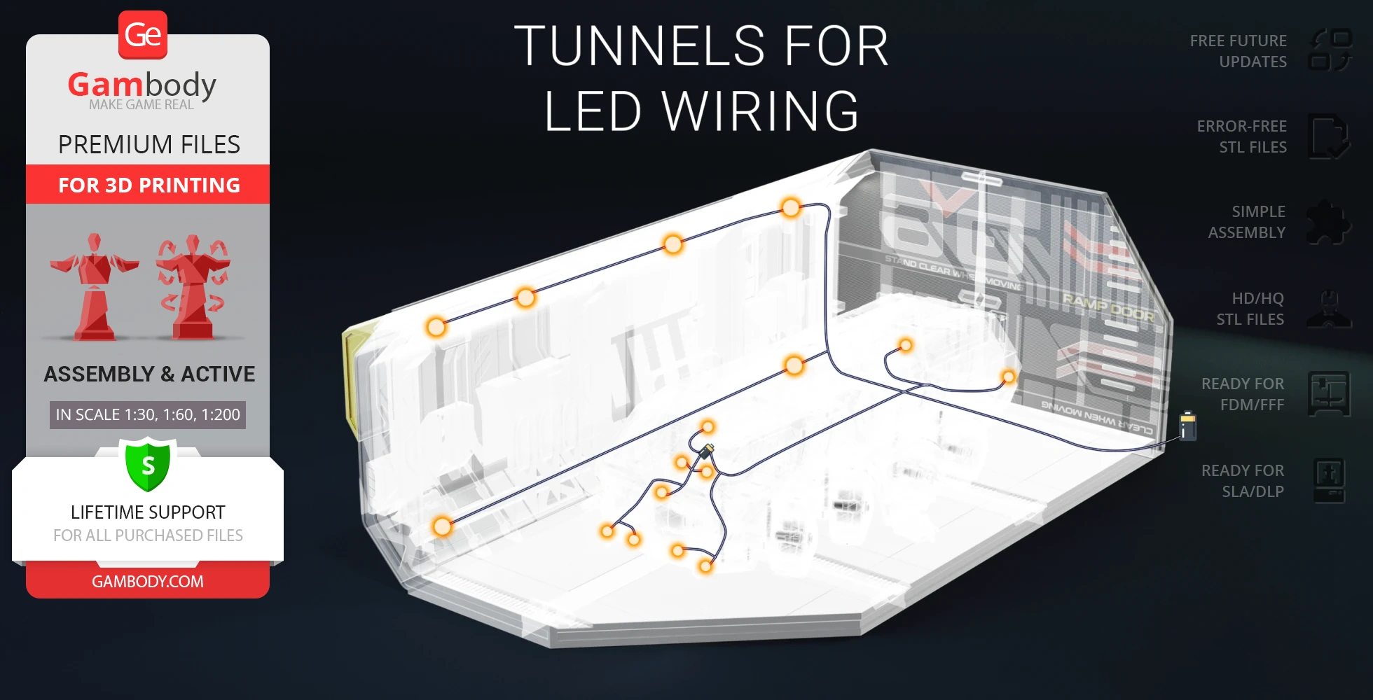 3D model schematic with LED wiring tunnels, ready for assembly and 3D printing via Gambody.