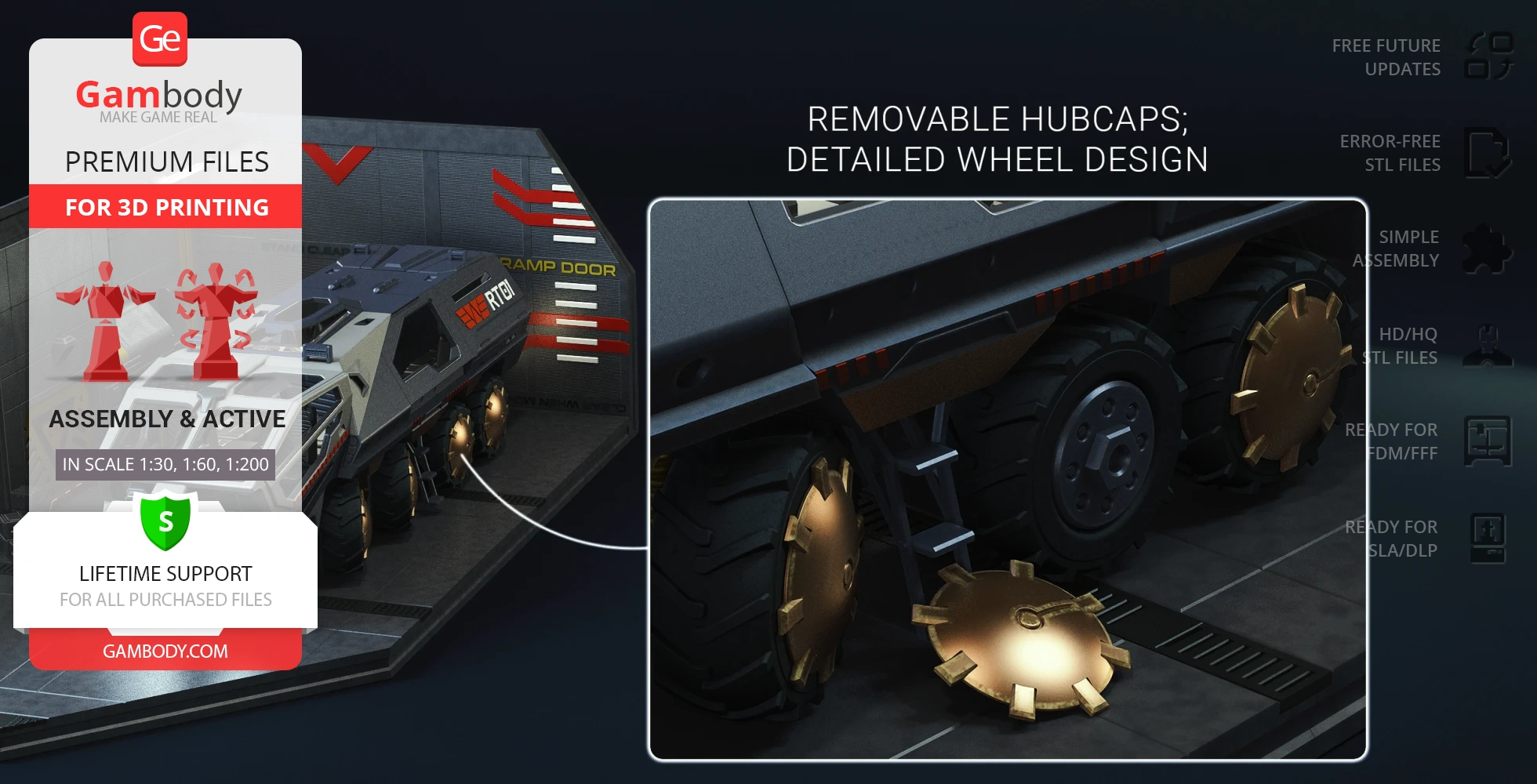 A detailed 3D model of a vehicle with removable hubcaps, designed for 3D printing.