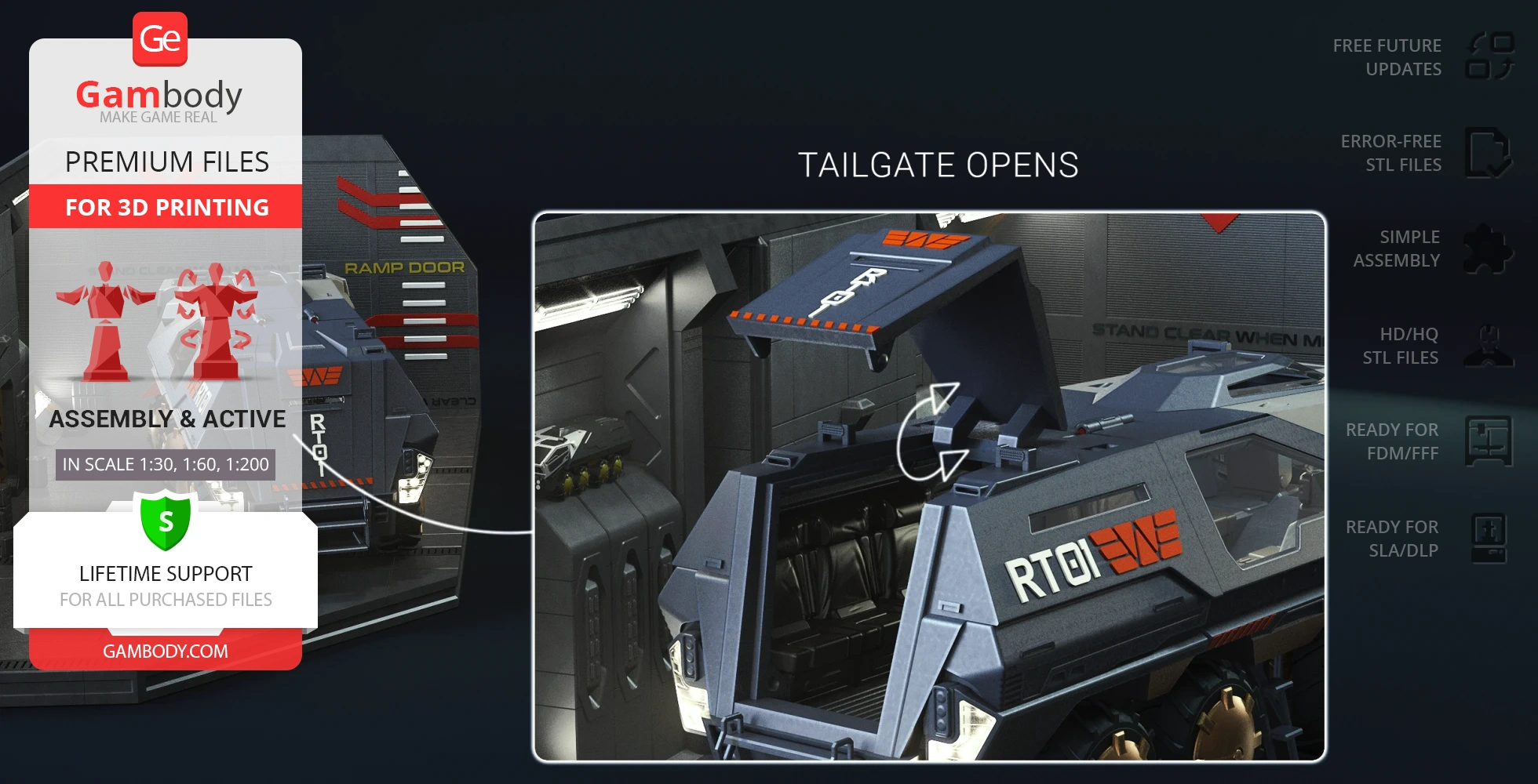 3D model of a futuristic transport vehicle with an opening tailgate, displayed for 3D printing by Gambody.