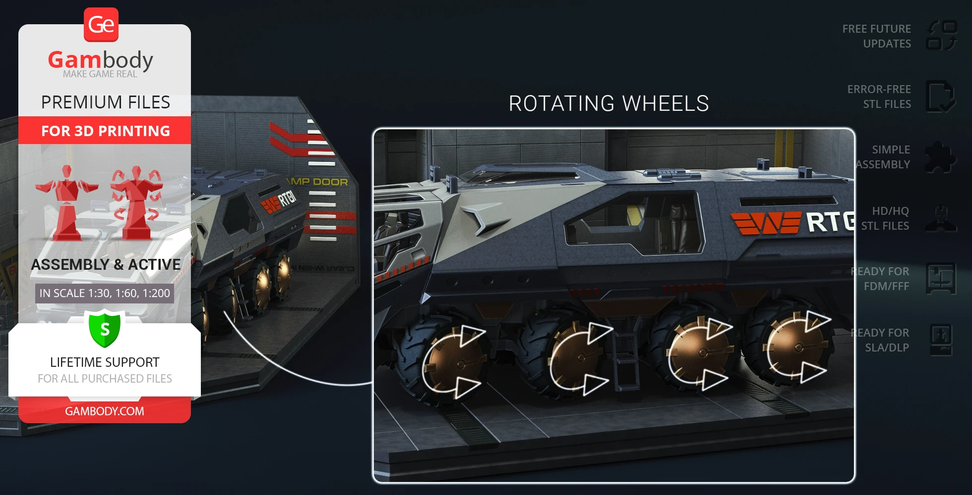 Futuristic armored transport vehicle with rotating wheels for 3D printing by Gambody.