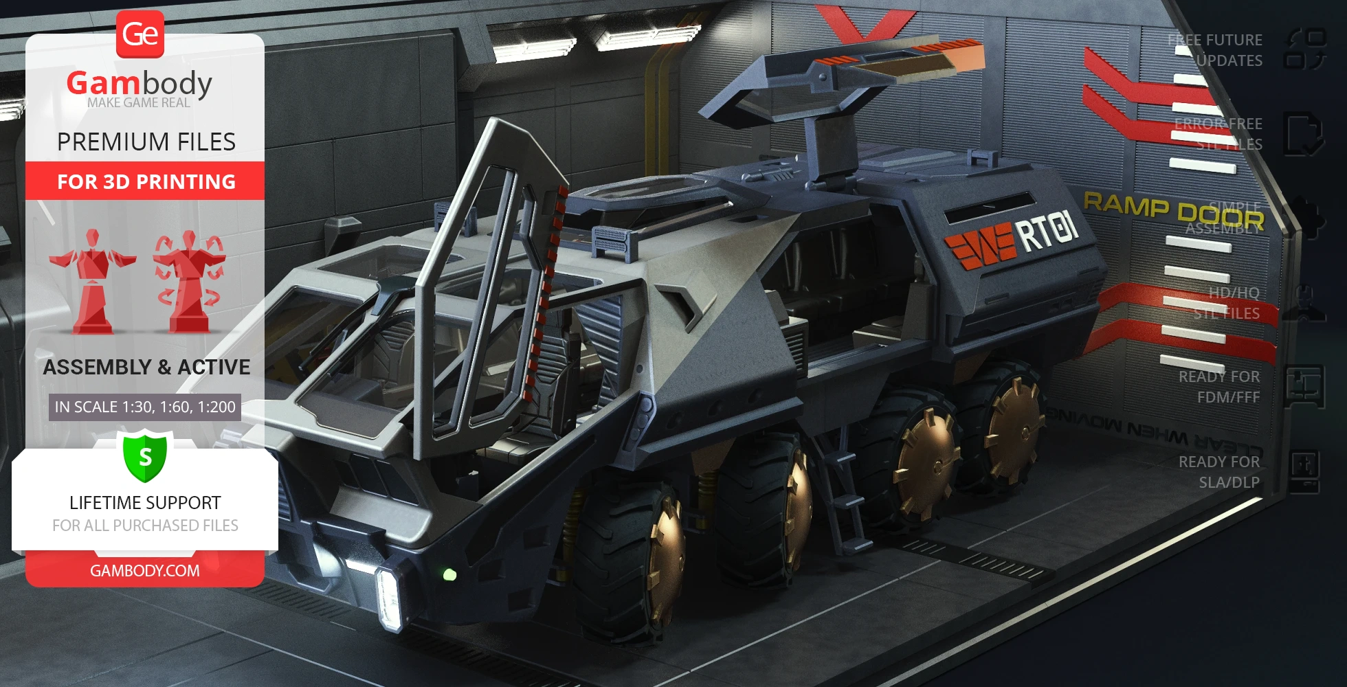 Futuristic armored transport vehicle with large tires, designed for 3D printing.