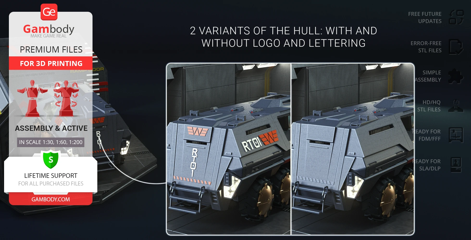 Futuristic armored vehicle model for 3D printing, shown with and without logos.
