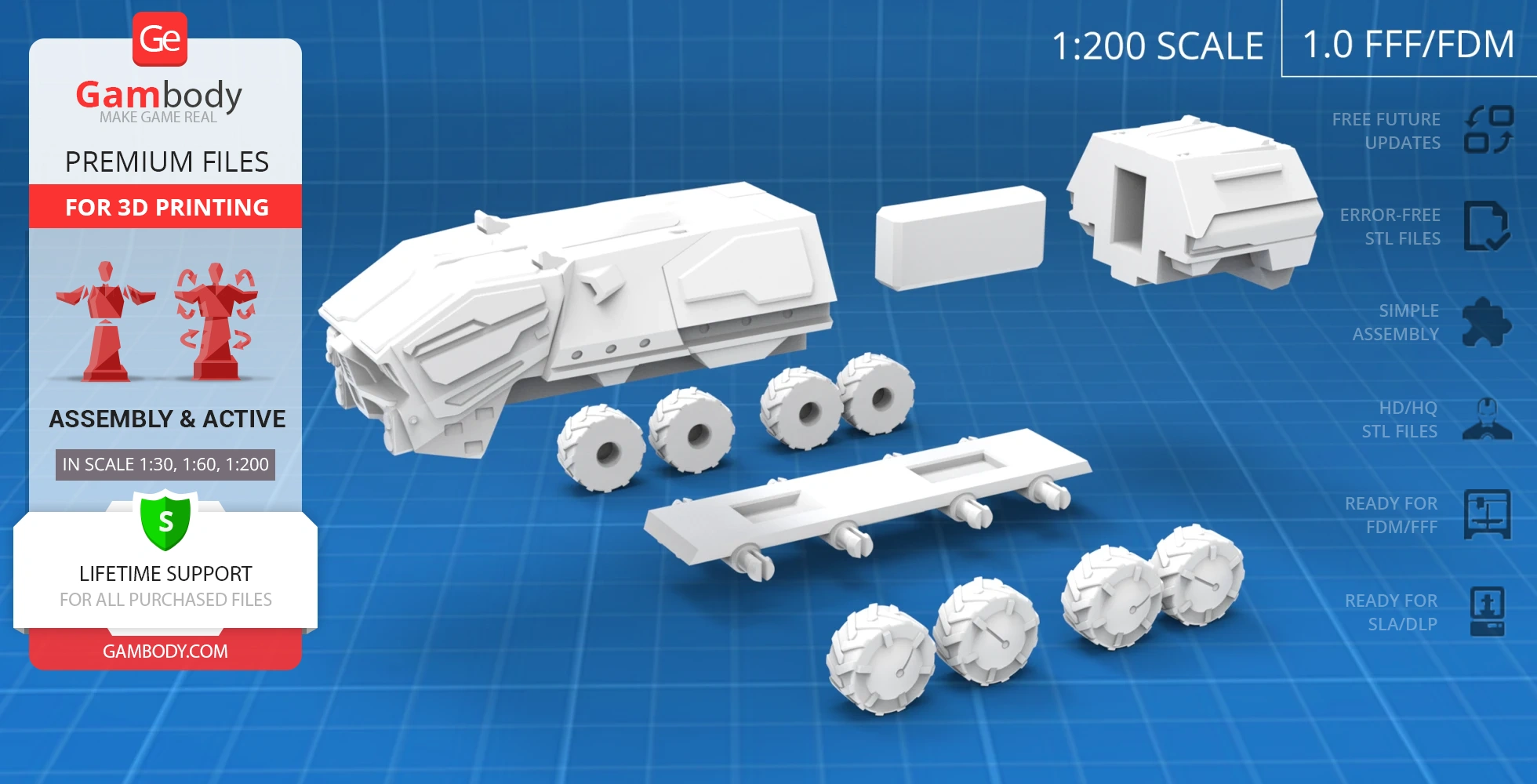 Exploded view of a 3D printable transport vehicle model with separate parts on a blueprint background.