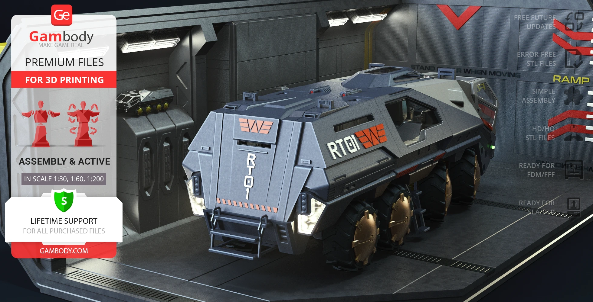 Futuristic armored vehicle model in a sci-fi hangar, designed for 3D printing.