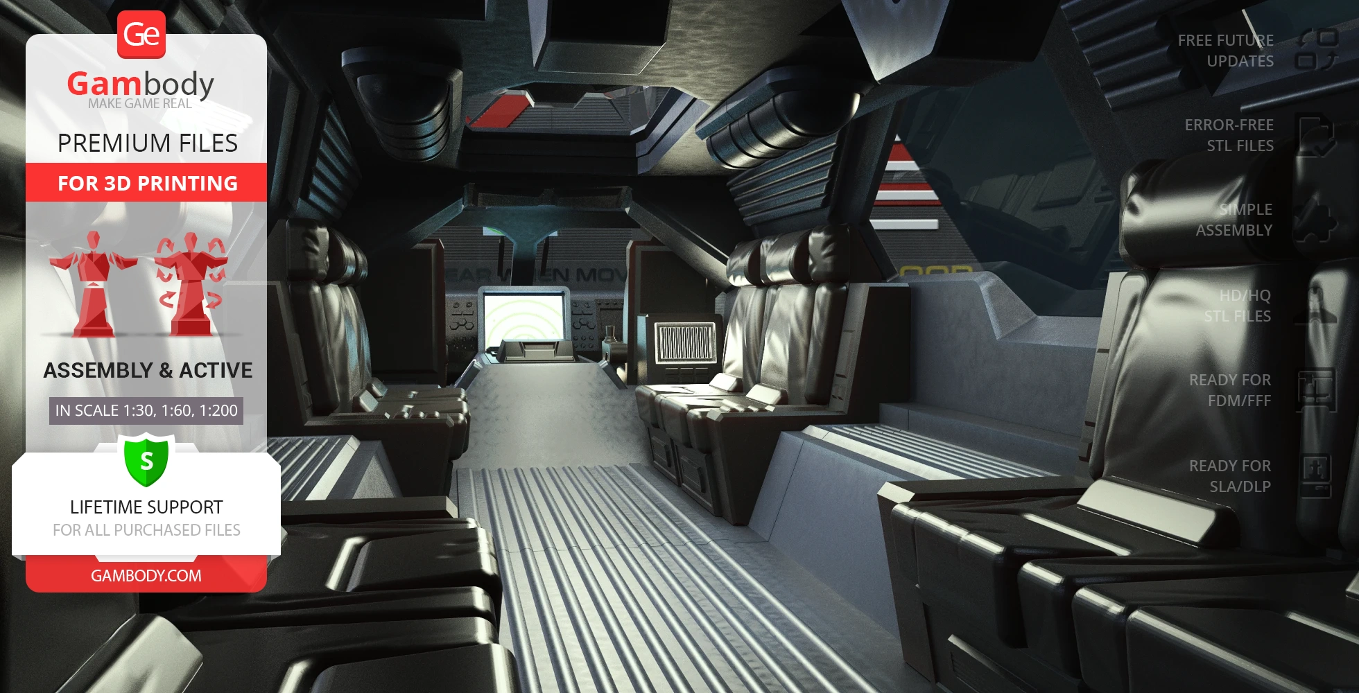 Futuristic vehicle interior with sleek seats and control panels, designed for 3D printing.