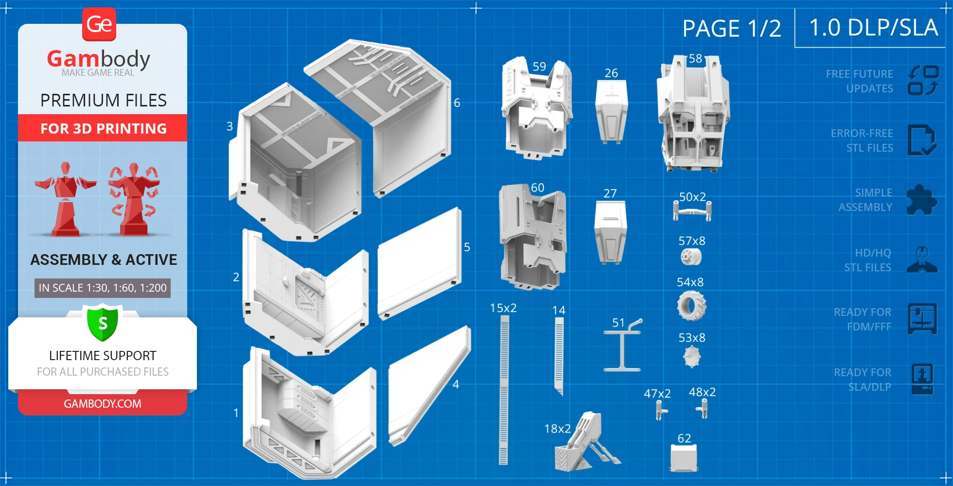 Blueprint with labeled parts for assembling the RT01 Transport 3D model, provided by Gambody.