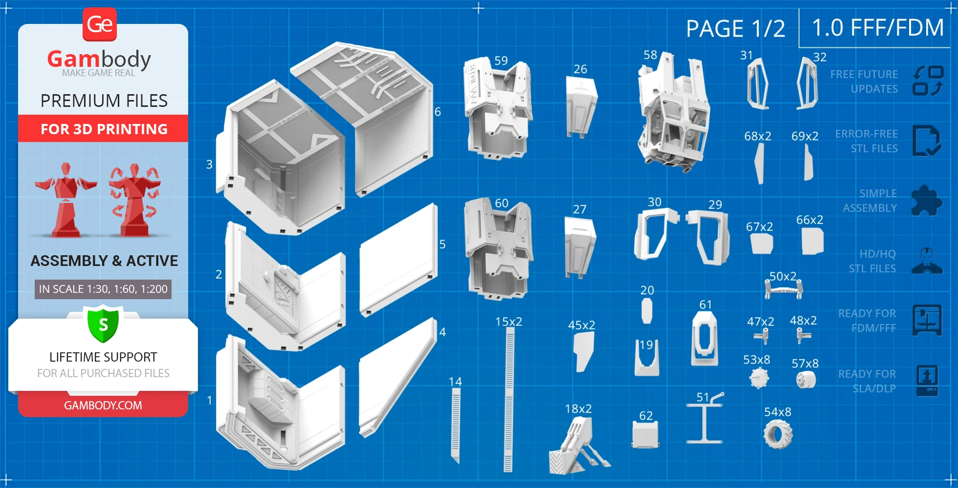 Image showing blueprint-style display of RT01 Transport 3D print parts, with labels and assembly instructions.