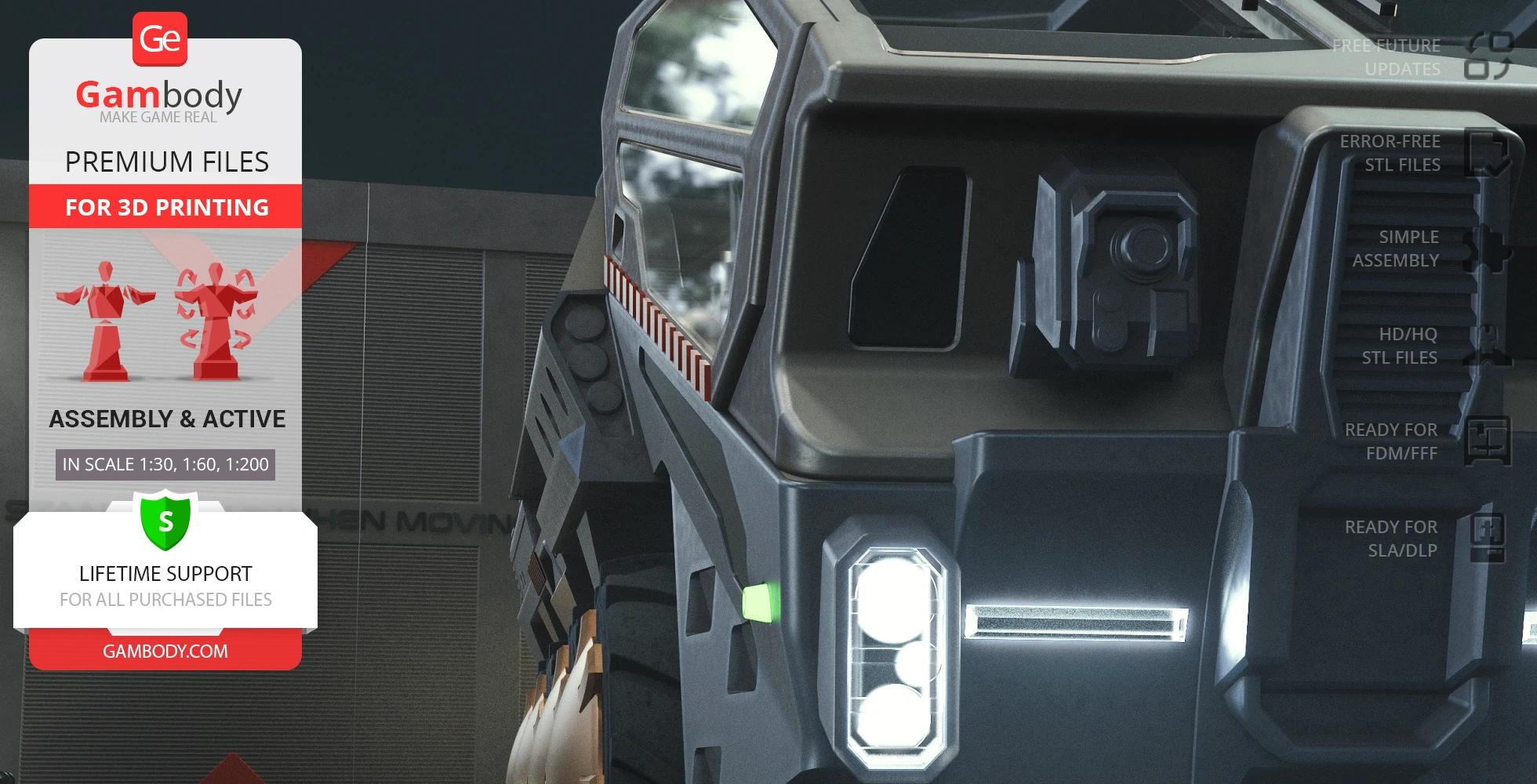 Futuristic transport vehicle model for 3D printing, highlighting assembly and high-quality STL files.