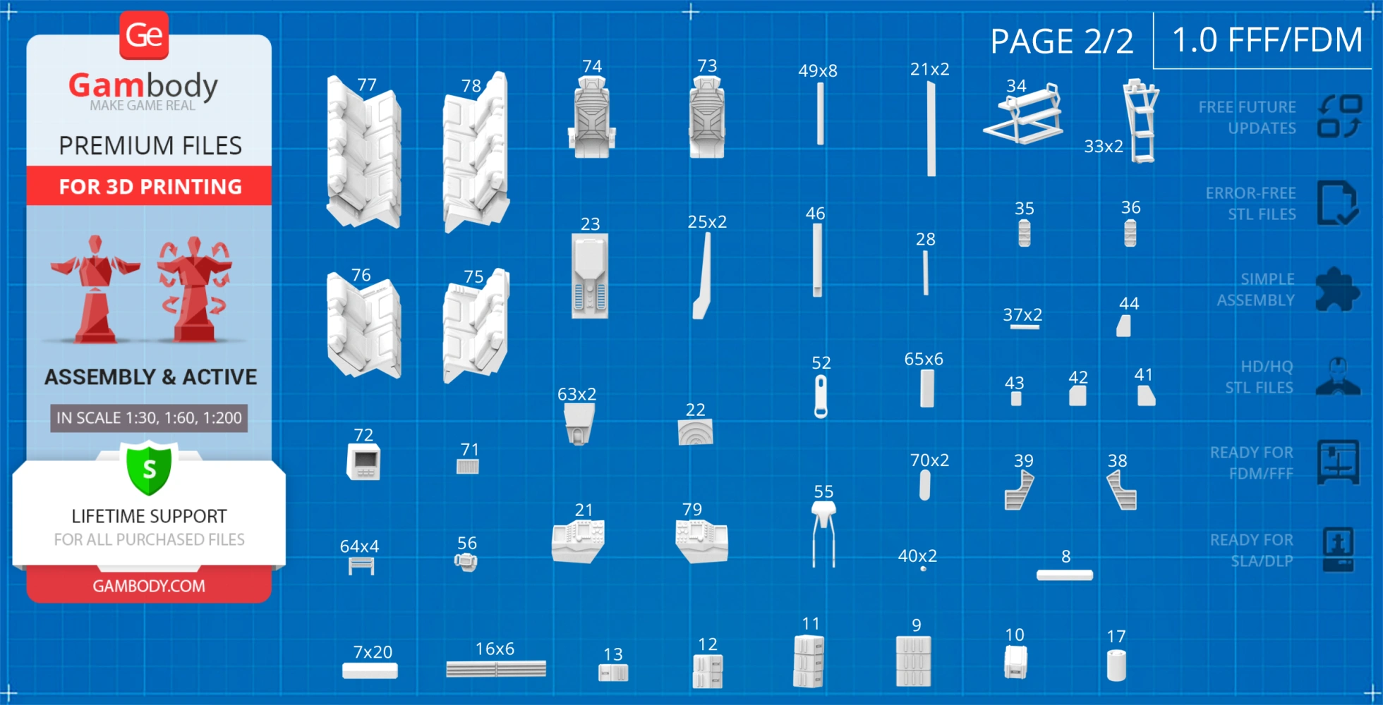 3D printable parts for RT01 Transport, labeled on blueprint-style background.