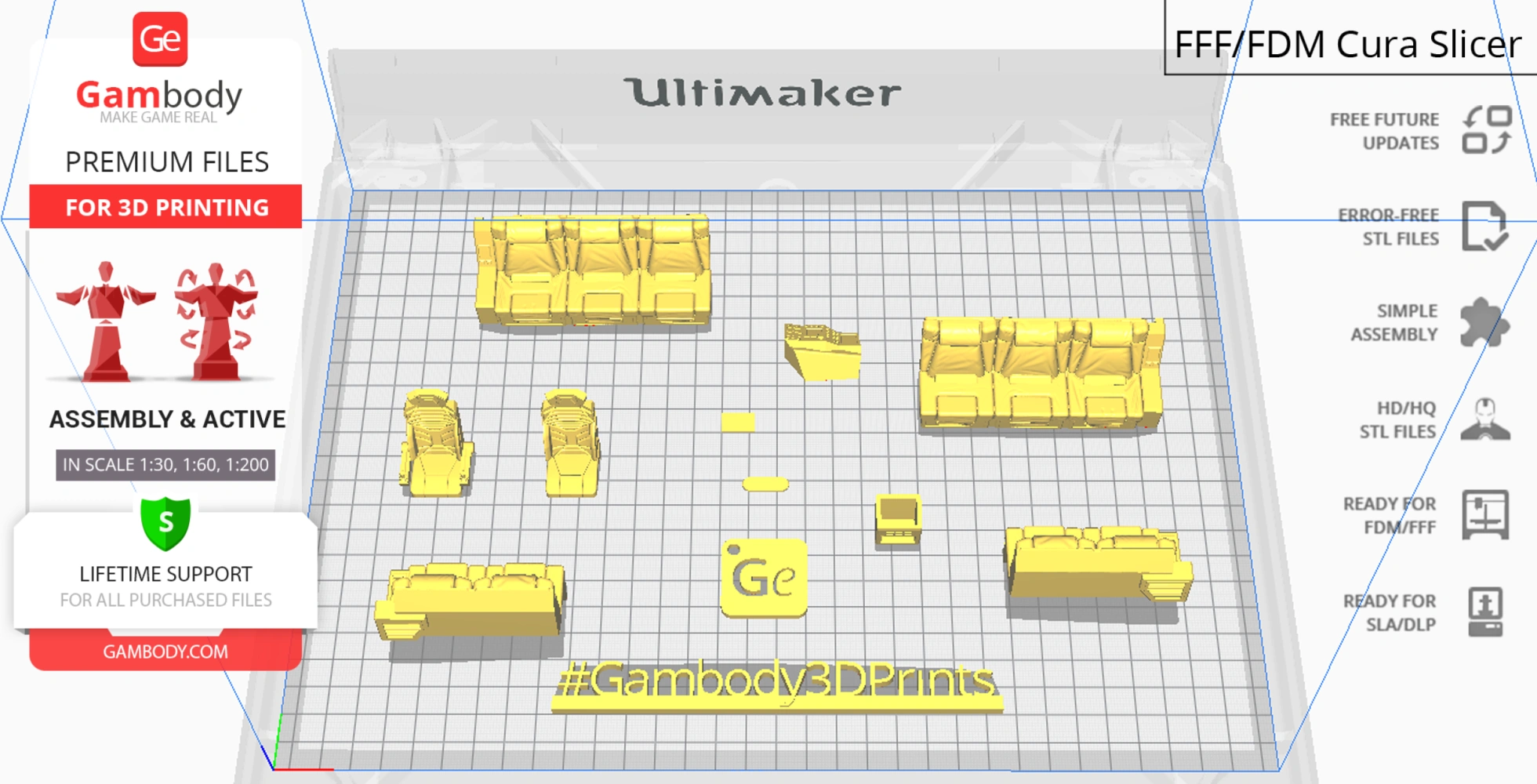3D model parts for a transport vehicle, arranged on a grid in a Cura slicer interface for 3D printing.