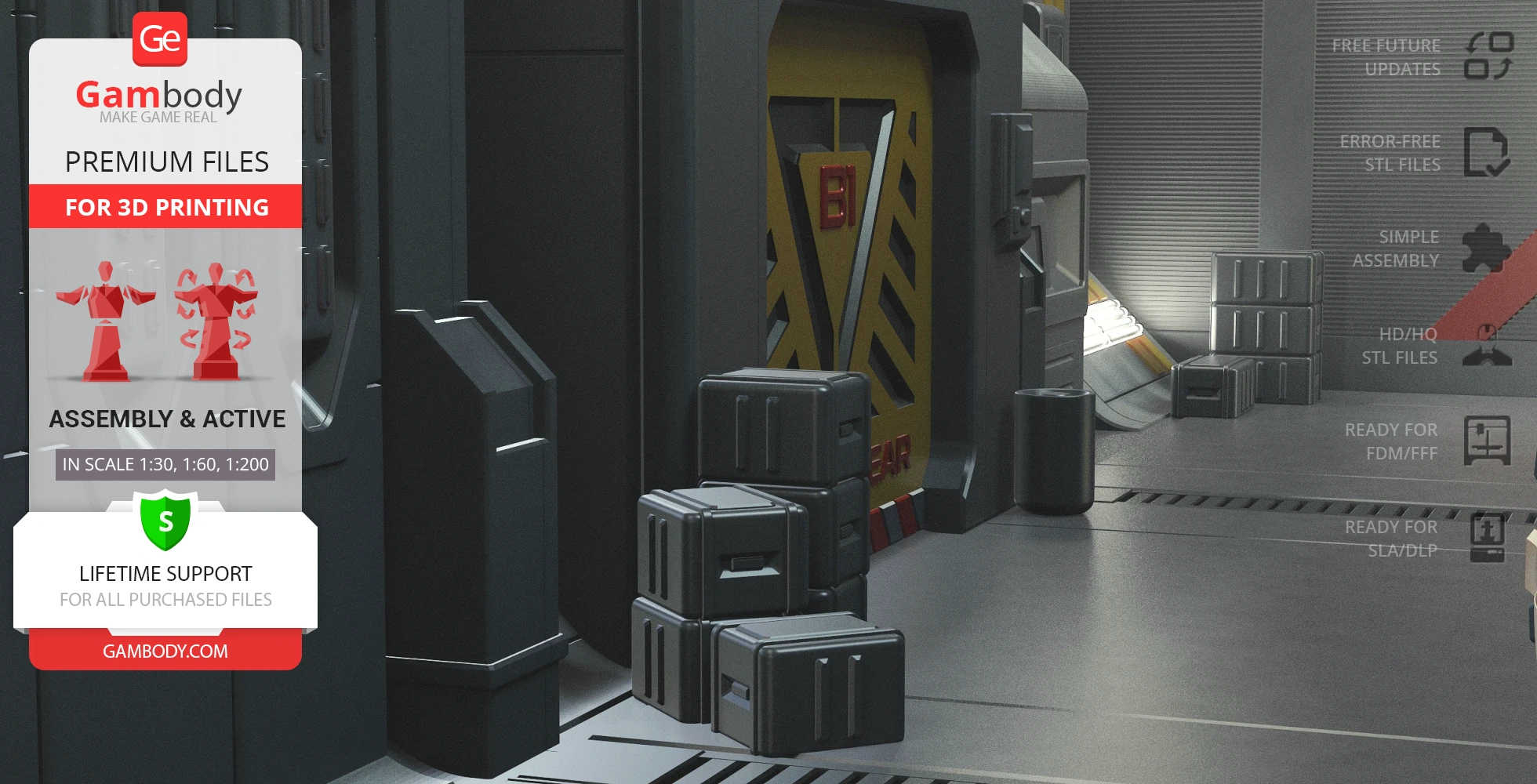 A futuristic corridor with stacked crates, industrial design, and a sign for Gambody 3D printing services.