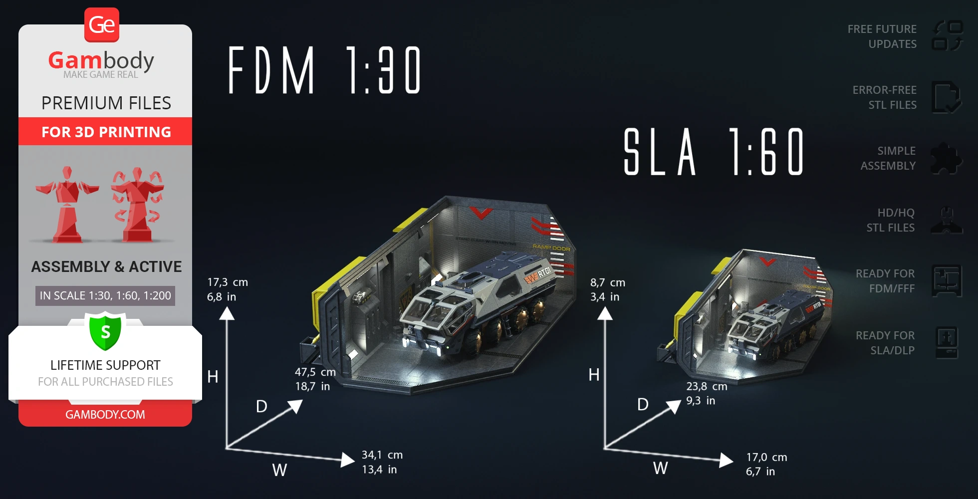 Two detailed 3D printable transport models displayed in different scales, with dimensions and printing features.