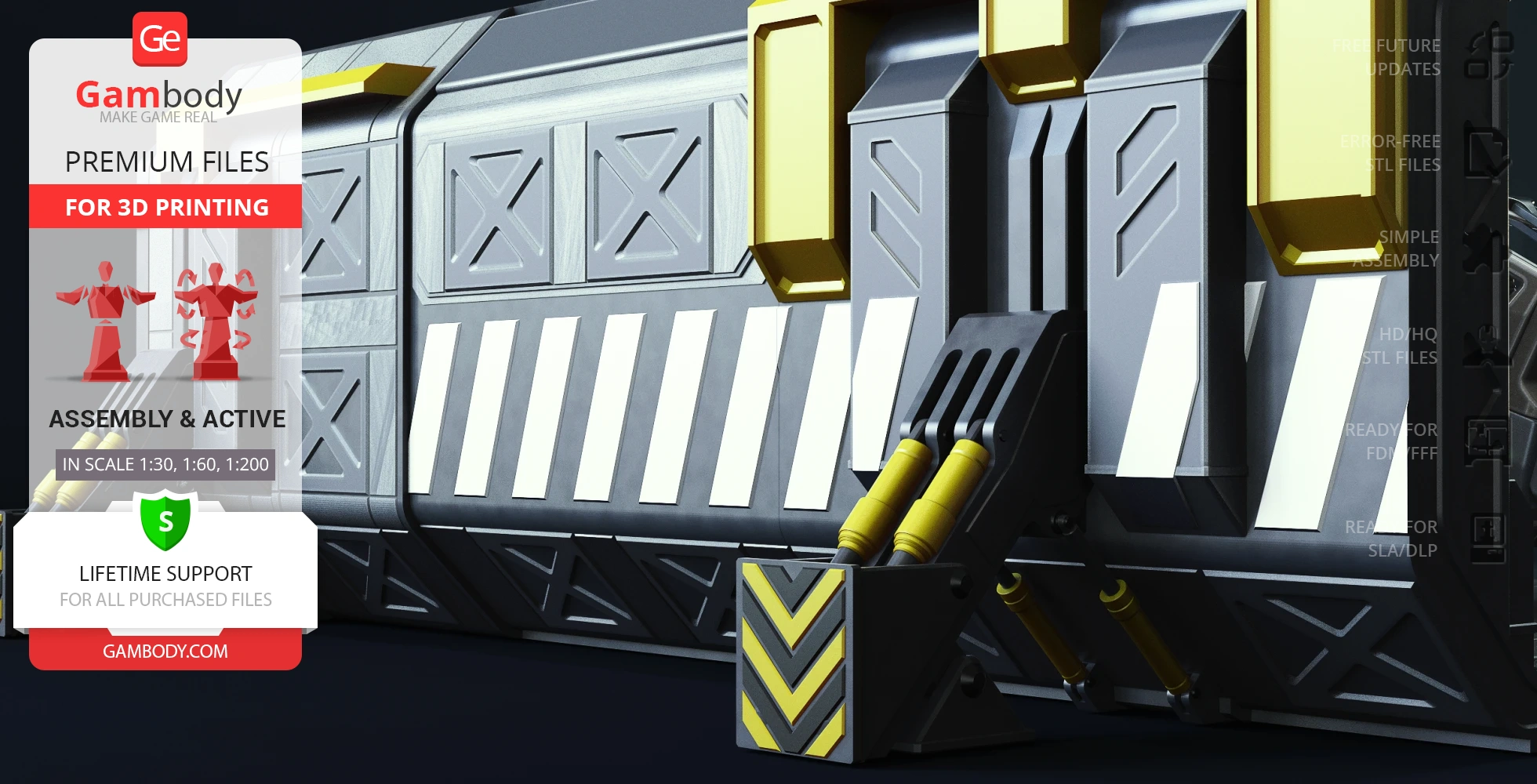A detailed 3D model of a futuristic transport unit for printing, featuring geometric patterns and yellow accents.